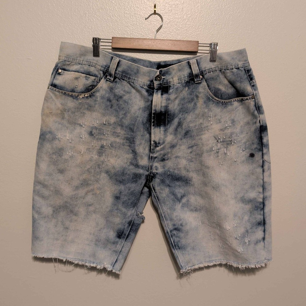 Parish Denim Shorts Mens 42 Light Blue Acid Wash Distressed Raw Hem Streetwear